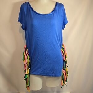 Banana Republic Womans Damsel Fish Blue 2013 Shirt W/ Multi Colored Fringe. Med.